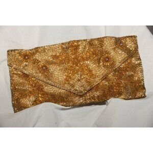Vtg 1950's Gold Beaded Clutch Handmade Elaborate Swirl Star Pattern With Pearls